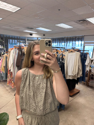 Milan Eyelet Sleeveless Bubble Hem Top - Mocha