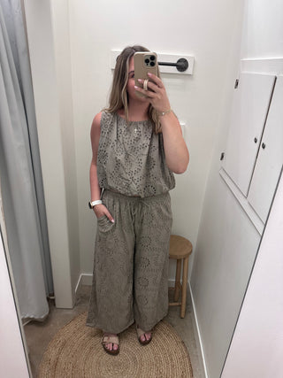 Milan Eyelet Wide Leg Pants - Mocha