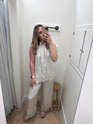 Carolina Mineral Wash Lace Hem Culotte Pants - Beige