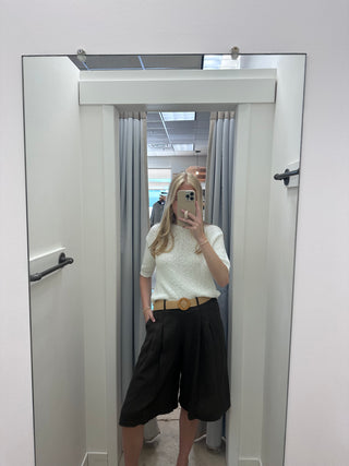 Maren Linen Wide Leg Bermuda Short with Jute Belt - Chocolate