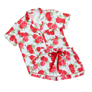 Blue Gingham + Red Roses Short Sleeve Pajama Set