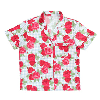 Blue Gingham + Red Roses Short Sleeve Pajama Set