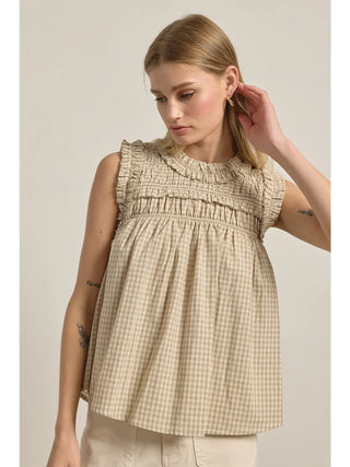 Marlowe Gingham Ruffle Blouse - Beige