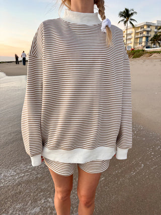 Brown & White Big Striped Mockneck Sweatshirt