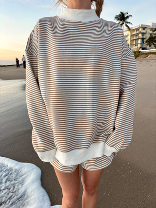 Brown & White Big Striped Mockneck Sweatshirt