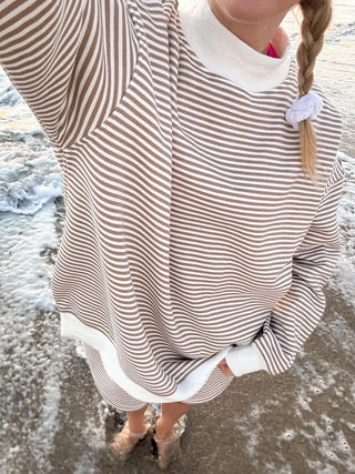Brown & White Big Striped Mockneck Sweatshirt