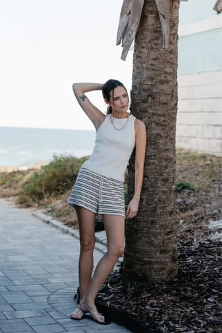 Summer Stripe Loop Terry Shorts - Natural/Chocolate // Perfect White Tee