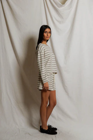 Summer Stripe Loop Terry Shorts - Natural/Chocolate // Perfect White Tee