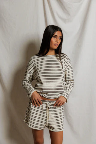 Summer Stripe Loop Terry Shorts - Natural/Chocolate // Perfect White Tee