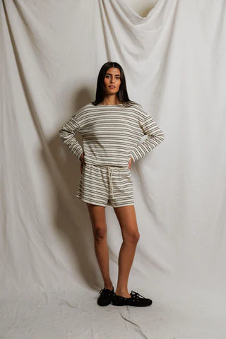 Summer Stripe Loop Terry Shorts - Natural/Chocolate // Perfect White Tee