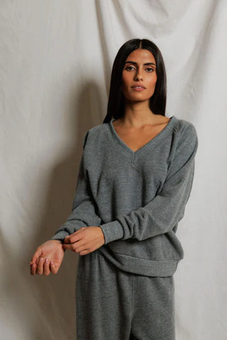 Sinead Relaxed French Terry V Neck Sweatshirt - Dark Heather Grey // Perfect White Tee