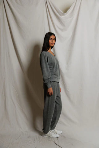 Sinead Relaxed French Terry V Neck Sweatshirt - Dark Heather Grey // Perfect White Tee