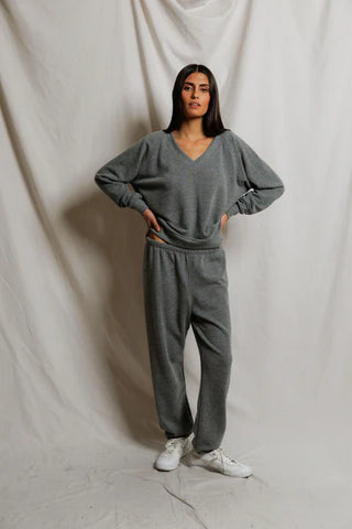 Sinead Relaxed French Terry V Neck Sweatshirt - Dark Heather Grey // Perfect White Tee