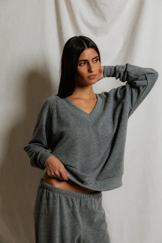 Sinead Relaxed French Terry V Neck Sweatshirt - Dark Heather Grey // Perfect White Tee