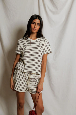 Eve Stripe Cotton Crew Neck Tee - Natural/Chocolate // Perfect White Tee