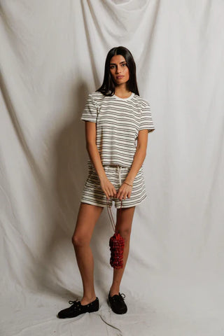 Eve Stripe Cotton Crew Neck Tee - Natural/Chocolate // Perfect White Tee