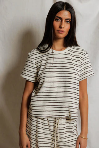 Eve Stripe Cotton Crew Neck Tee - Natural/Chocolate // Perfect White Tee