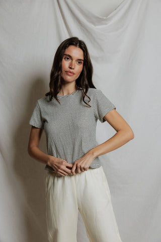 Vivian Stripe Cotton Vintage Fitted Crew Tee - Natural/Black Stripe // Perfect White Tee