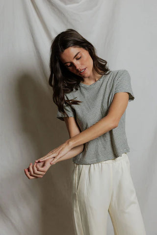 Vivian Stripe Cotton Vintage Fitted Crew Tee - Natural/Black Stripe // Perfect White Tee