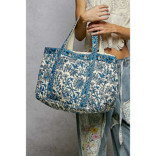 Bohemian Roomy Floral Print Woven Tote Bag - Ivory/Blue Multi