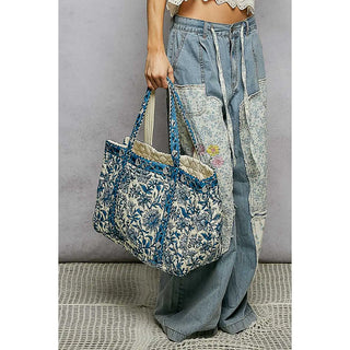 Bohemian Roomy Floral Print Woven Tote Bag - Ivory/Blue Multi