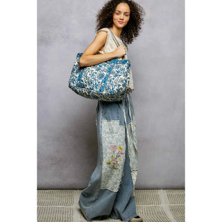 Bohemian Roomy Floral Print Woven Tote Bag - Ivory/Blue Multi