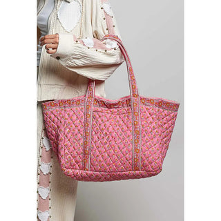 Bohemian Roomy Floral Print Woven Tote - Pink/Yellow Multi