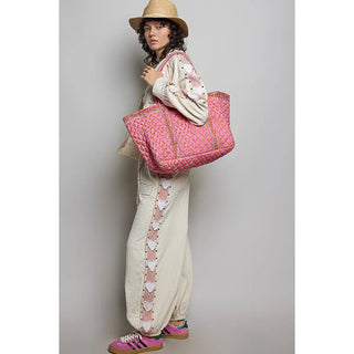 Bohemian Roomy Floral Print Woven Tote - Pink/Yellow Multi