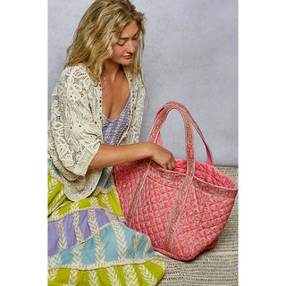Bohemian Roomy Floral Print Woven Tote - Pink/Yellow Multi