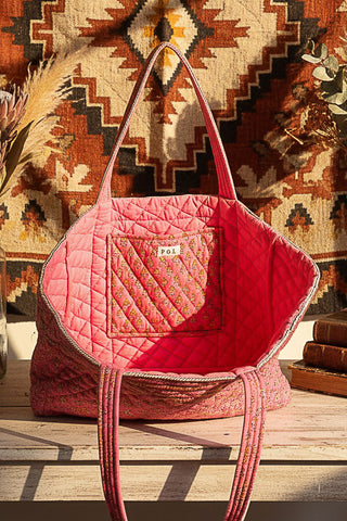 Bohemian Roomy Floral Print Woven Tote - Pink/Yellow Multi