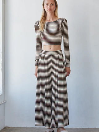 Vanessa Knit Lyocell Striped Wide Leg Pants - Cream Brown