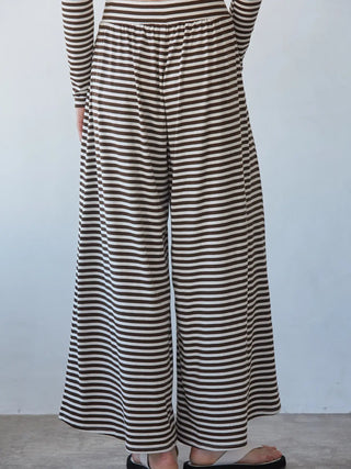 Vanessa Knit Lyocell Striped Wide Leg Pants - Cream Brown