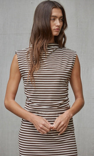 Hanna Knit Lyocell Mock Neck Sleeveless Top - Cream Brown
