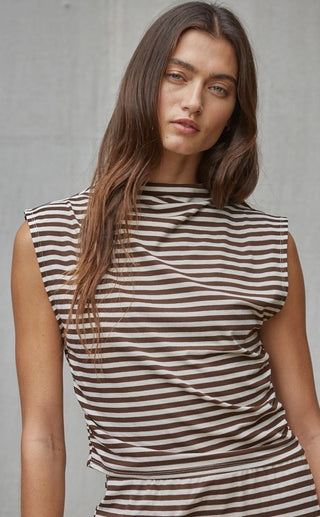 Hanna Knit Lyocell Mock Neck Sleeveless Top - Cream Brown