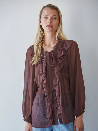 Julia Woven Chiffon Ruffle Top - Chocolate