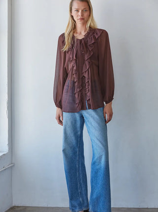 Julia Woven Chiffon Ruffle Top - Chocolate