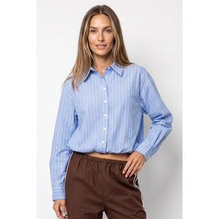 Chloe Stripe Button Up Bubble Blouse - Blue/Navy