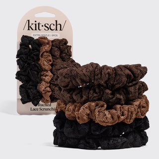 Ruched Lace Scrunchies 5pc Set - Black, Chocolate & Mocha // Kitsch