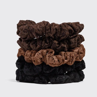 Ruched Lace Scrunchies 5pc Set - Black, Chocolate & Mocha // Kitsch