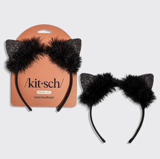 Satin Cat Ear Headband - Black Glitter // Kitsch