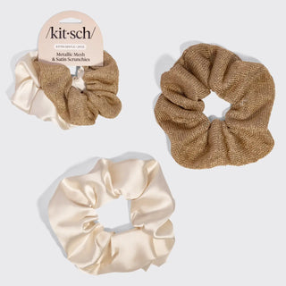 Metallic Mesh and Recycled Fabric Satin Scrunchies 2pc Set - Cream & Gold // Kitsch