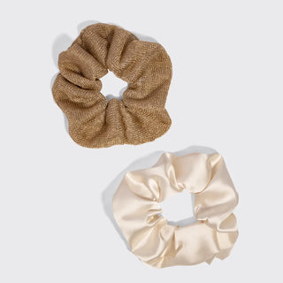 Metallic Mesh and Recycled Fabric Satin Scrunchies 2pc Set - Cream & Gold // Kitsch