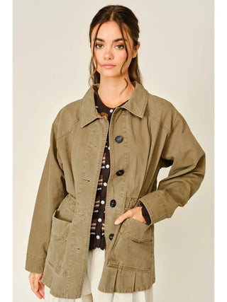 Ajay Pleated Hem Military Jacket - Olive Brown