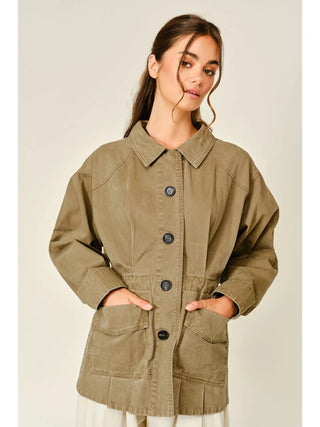 Ajay Pleated Hem Military Jacket - Olive Brown