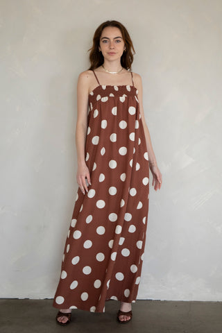 Millie Linen Polka Dot Dress - Brown