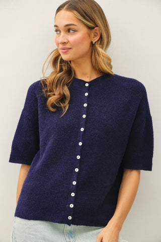Cherie Ribbed Button Down Cardigan - Navy