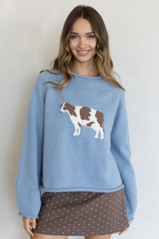 Cow Sweater - Dusty Blue