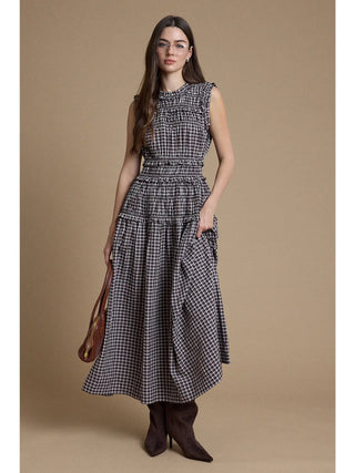 Adriana Ruffle Trim Smocked Plaid Maxi Dress - Dark Brown