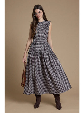 Adriana Ruffle Trim Smocked Plaid Maxi Dress - Dark Brown