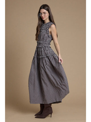 Adriana Ruffle Trim Smocked Plaid Maxi Dress - Dark Brown